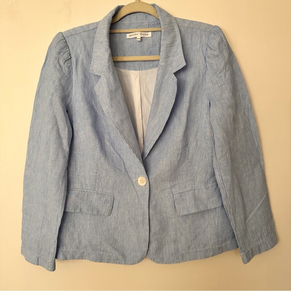 Melissa Nepton Linen Blend Blazer | Blue Pinstripe | Size M